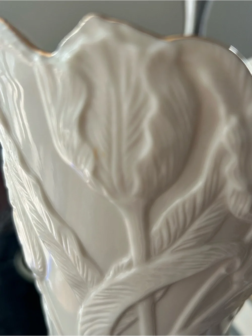 Lenox Ivory Porcelain and Gold Rim Embossed Floral Ceramic Vase